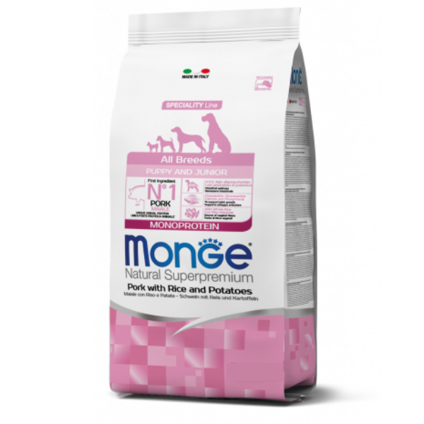 monge natural superpremium all breeds puppy & junior monoprotein maiale con riso immagine2
