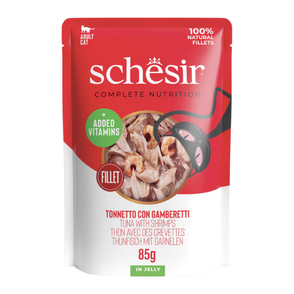 Schesir Cat Soft Adult filetti in gelatina alimento completo bustine 85 gr - tonno con gamberetti