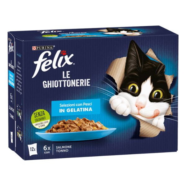 Purina Felix le Ghiottonerie Selezioni Deliziose in Gelatina Multipack - 12 bustine: 6x Salmone - 6x Tonno