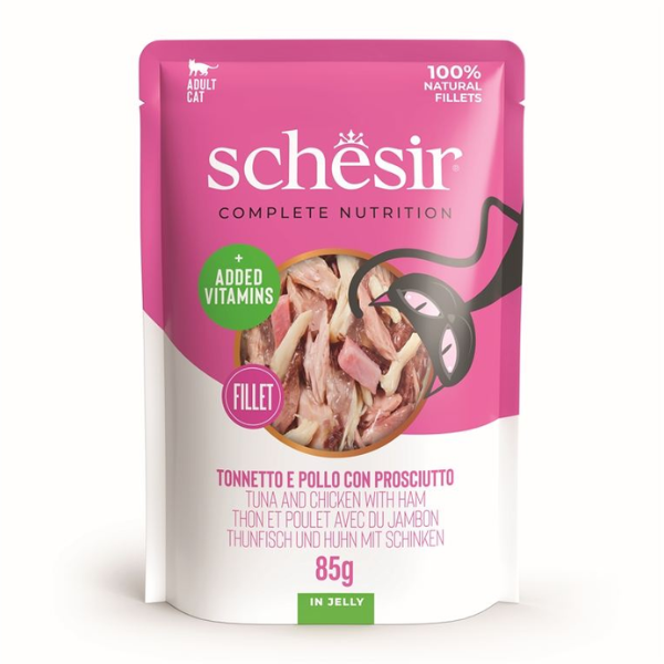 Schesir Cat Soft Adult filetti in gelatina alimento completo bustine 85 gr - Tonnetto e Pollo con Prosciutto