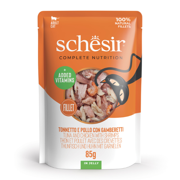 Schesir Cat Soft Adult filetti in gelatina alimento completo bustine 85 gr - Tonnetto e Pollo con Gamberetti