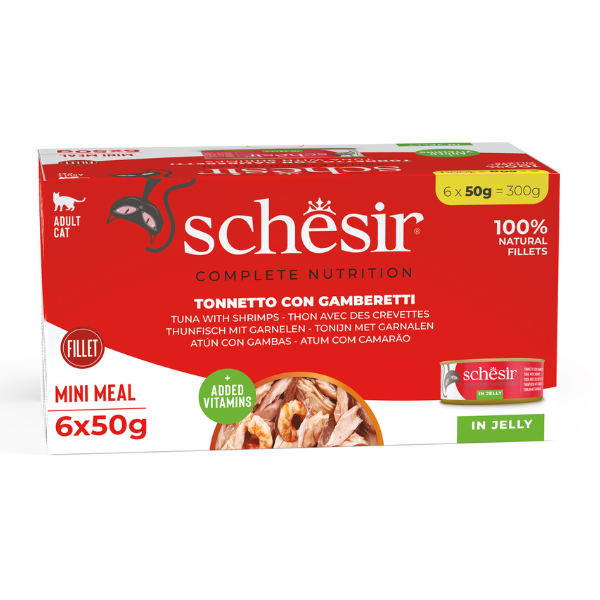 Schesir Cat Soft Adult filetti in gelatina alimento completo lattina Multipack 6x50 gr - Tonnetto con Gamberetti