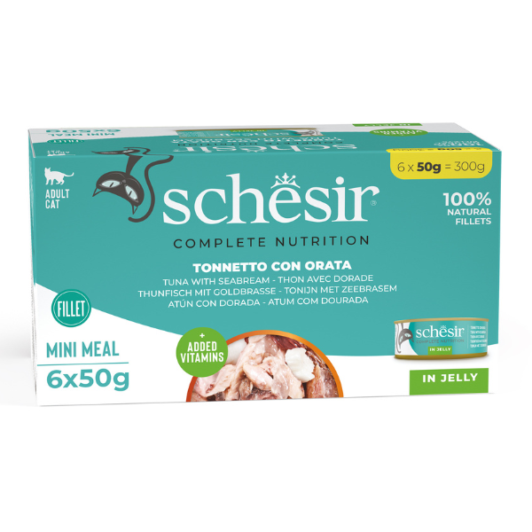 Schesir Cat Soft Adult filetti in gelatina alimento completo lattina Multipack 6x50 gr - Tonnetto con Orata