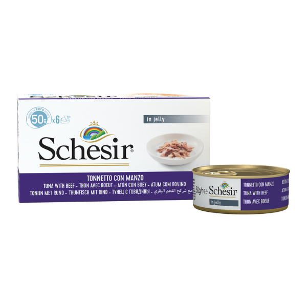 Schesir Cat Soft Adult filetti in gelatina alimento completo lattina Multipack 6x50 gr - Tonnetto con Filetti di Manzo
