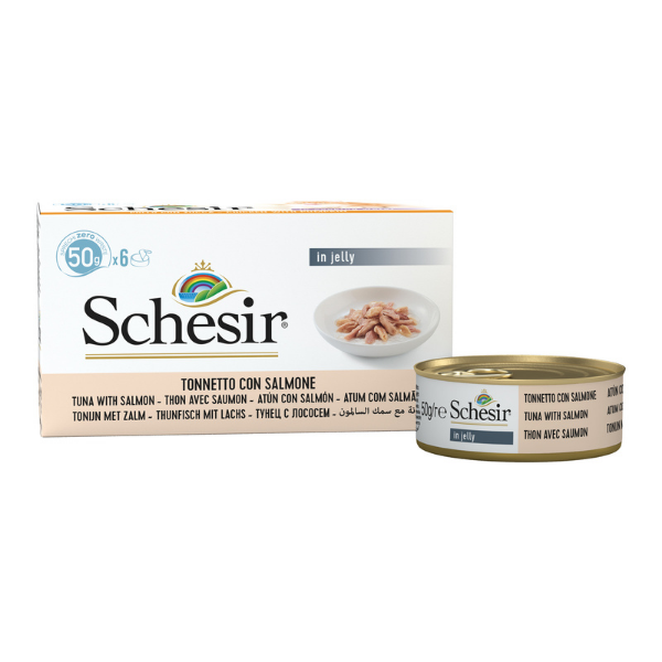 Schesir Cat Soft Adult filetti in gelatina alimento completo lattina Multipack 6x50 gr - Tonnetto con Salmone