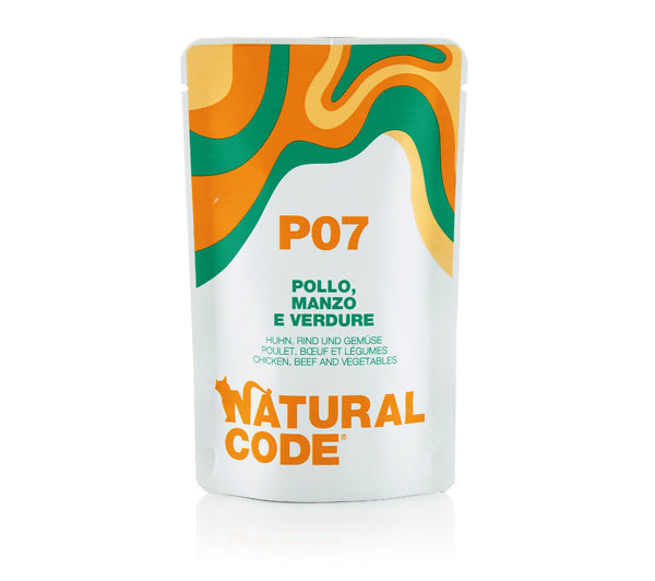 Natural Code Adult Buste in Acqua di Cottura 70 gr - P07 - Pollo, Manzo e Verdure