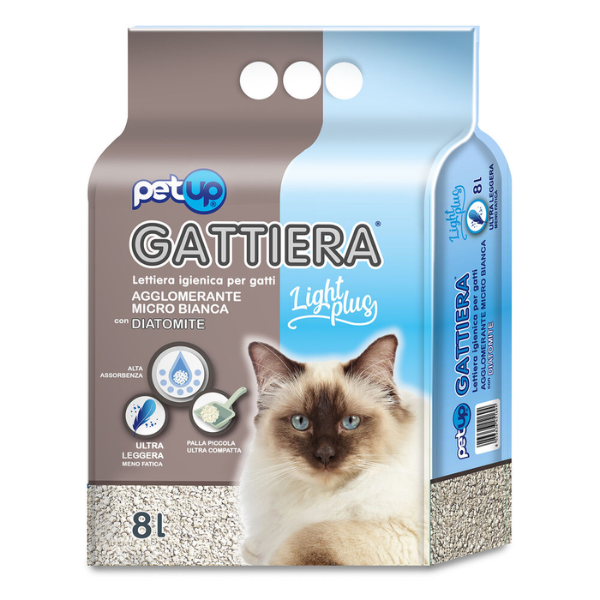 Lettiera agglomerante assorbente Micro Bianca con diatomite Gattiera Light Plus PetUp