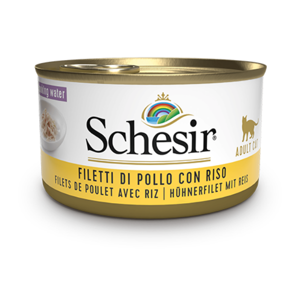 Schesir Cat Adult acqua di cottura al Naturale lattina 85 gr - Filetti di Pollo e Riso