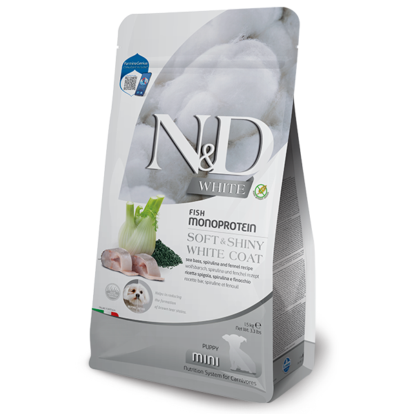 farmina n&d white grain free puppy mini branzino, spirulina e finocchio immagine2