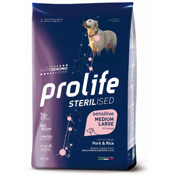Image of Prolife Sterilised Cane Sensitive Medium Large Maiale e Riso - 12 kg Croccantini per cani