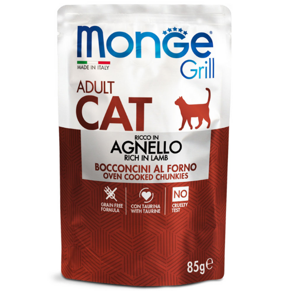 Image of Monge Grill Grain Free Adult Cat bocconcini 85 gr - Agnello Confezione da 28 pezzi Cibo umido per gatti