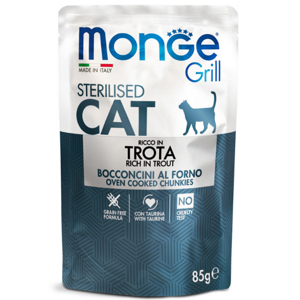 Image of Monge Grill Grain Free Sterilised Cat bocconcini 85 gr - Trota Confezione da 28 pezzi Cibo umido per gatti