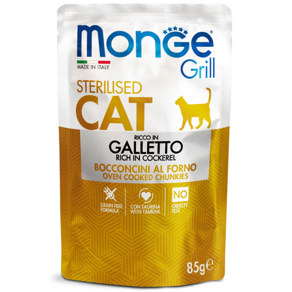 Image of Monge Grill Grain Free Sterilised Cat bocconcini 85 gr - Galletto Confezione da 28 pezzi Cibo umido per gatti