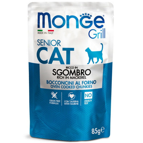 Image of Monge Grill Grain Free Senior Cat bocconcini 85 gr - Sgombro Confezione da 28 pezzi Cibo umido per gatti