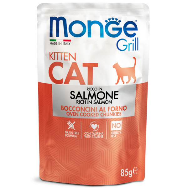 Image of Monge Grill Grain Free Kitten bocconcini 85 gr - Salmone Confezione da 28 pezzi Cibo umido per gatti