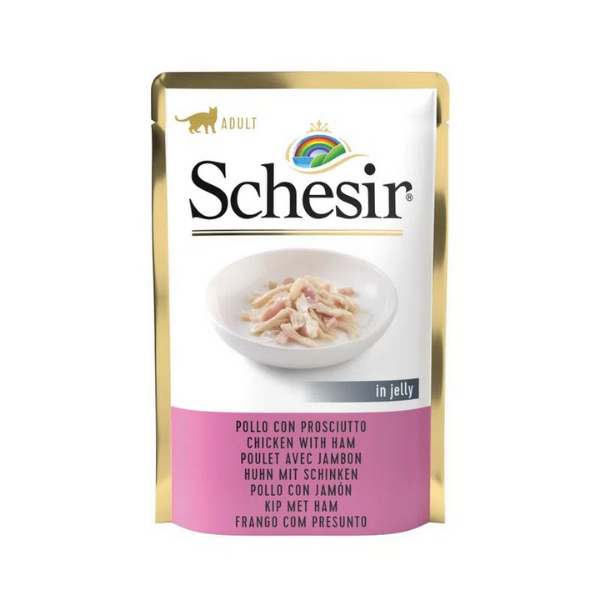 Image of Schesir Cat Soft Adult 85 gr - Filetti di Pollo con Prosciutto Confezione da 20 pezzi Cibo umido per gatti