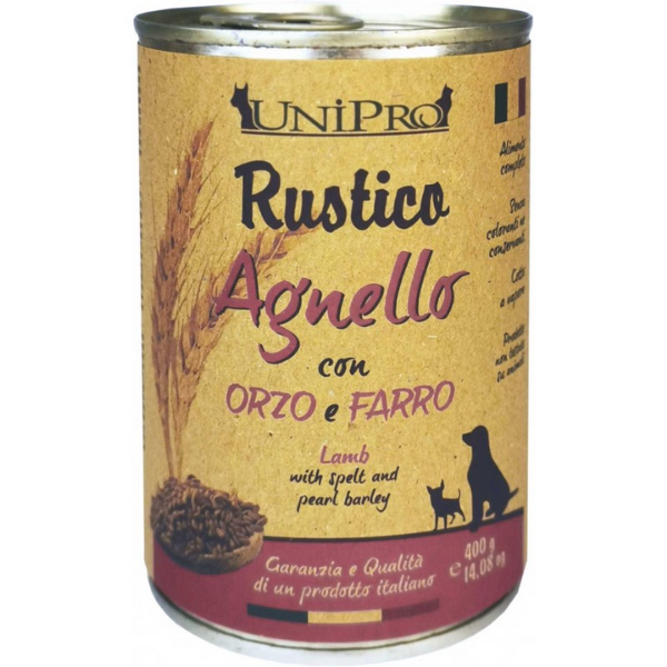 Image of Rustico Lattina Cane 400 gr - Agnello con orzo e farro Confezione da 6 pezzi Cibo Umido per Cani