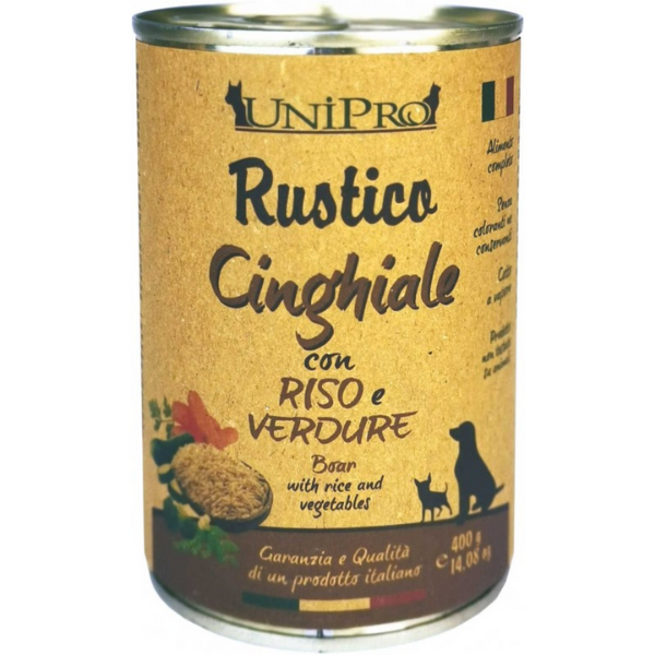 Image of Unipro Rustico Dog Adult 400 gr - Cinghiale con riso e verdure Confezione da 6 pezzi Cibo Umido per Cani