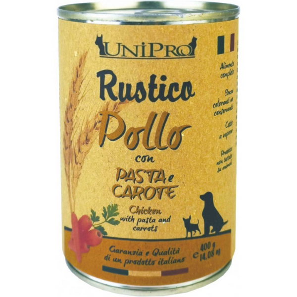 Image of Unipro Rustico Dog Adult 400 gr - Pollo con pasta e carote Confezione da 6 pezzi Cibo Umido per Cani