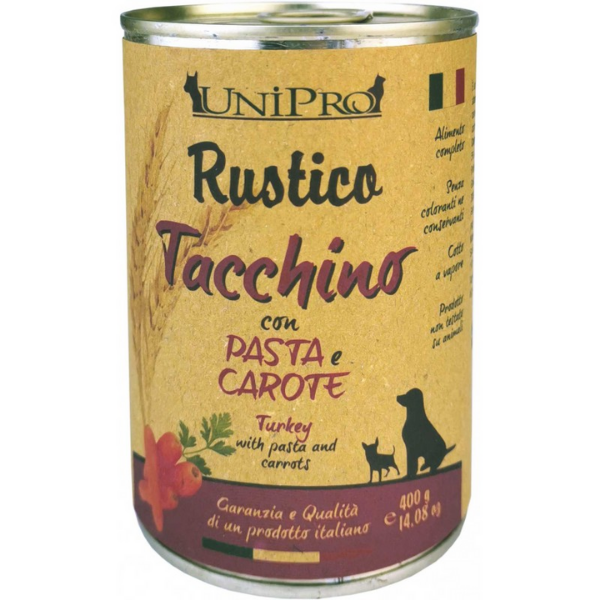 Image of Rustico Lattina Cane 400 gr - Tacchino con pasta e carote Confezione da 6 pezzi Cibo Umido per Cani