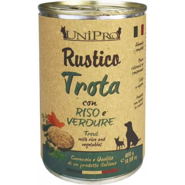 Image of Rustico Lattina Cane 400 gr - Trota con riso e verdure Confezione da 6 pezzi Cibo Umido per Cani