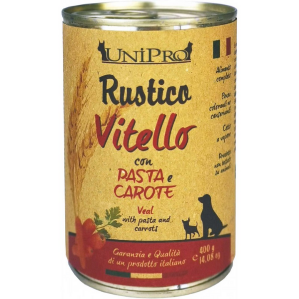 Image of Unipro Rustico Dog Adult 400 gr - Vitello con pasta e carote Confezione da 6 pezzi Cibo Umido per Cani