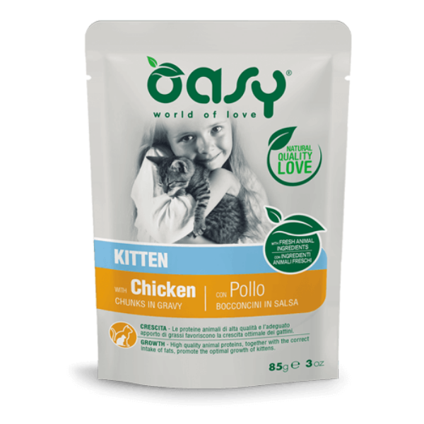 Image of Oasy Cat Bocconcini in salsa 85 gr - KITTEN Pollo Confezione da 12 pezzi Cibo umido per gatti