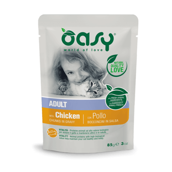 Image of Oasy Cat Bocconcini in salsa 85 gr - Pollo Confezione da 12 pezzi Cibo umido per gatti