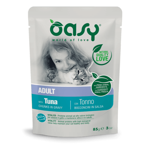 Image of Oasy Cat Bocconcini in salsa 85 gr - Tonno Confezione da 12 pezzi Cibo umido per gatti