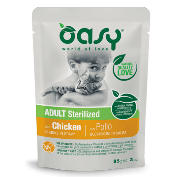 Image of Oasy Cat Bocconcini in salsa 85 gr - STERILIZED Pollo Confezione da 12 pezzi Cibo umido per gatti