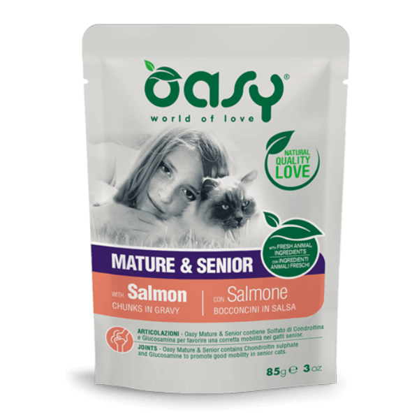 Image of Oasy Cat Bocconcini in salsa 85 gr - MATURE Salmone Confezione da 12 pezzi Cibo umido per gatti