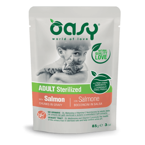 Image of Oasy Cat Bocconcini in salsa 85 gr - STERILIZED Salmone Confezione da 12 pezzi Cibo umido per gatti