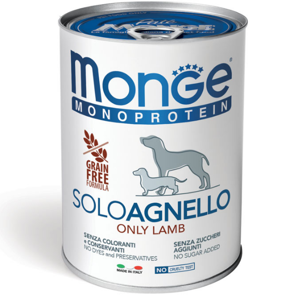 Image of Monge Monoprotein SOLO Patè Grain Free 400 gr - Agnello Confezione da 6 pezzi Monoproteico crocchette cani Cibo Umido per Cani