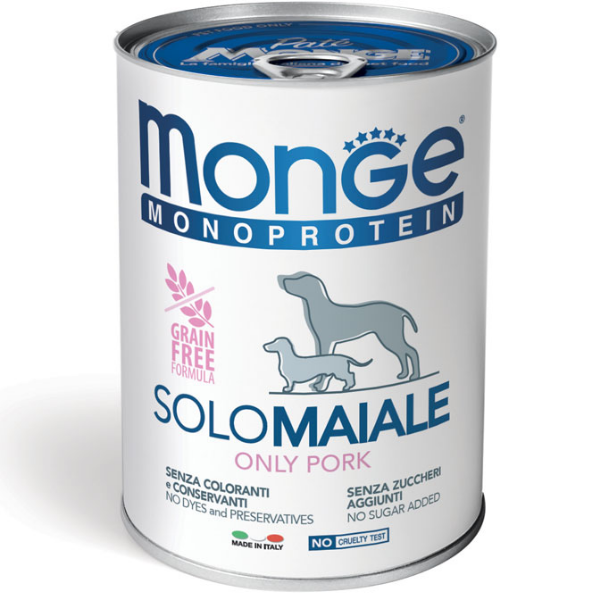 Image of Monge Monoprotein SOLO Patè Grain Free 400 gr - Maiale Confezione da 6 pezzi Monoproteico crocchette cani Cibo Umido per Cani