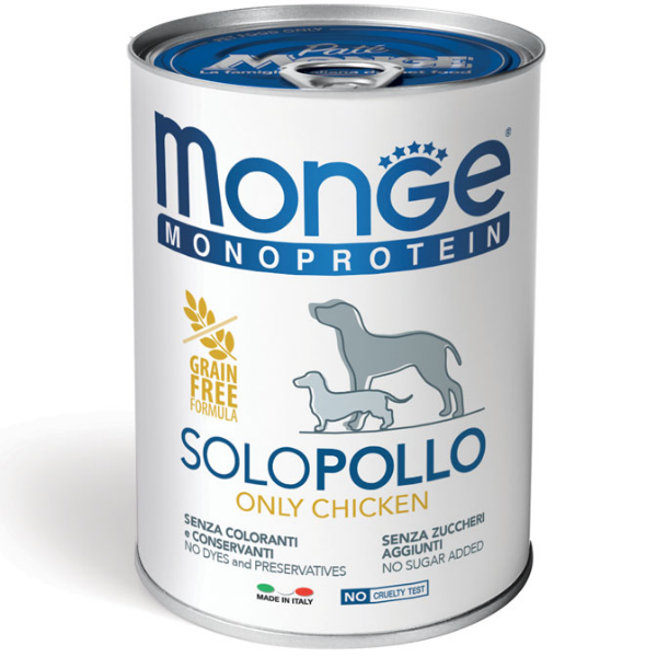 Image of Monge Monoprotein SOLO Patè Grain Free 400 gr - Pollo Confezione da 6 pezzi Monoproteico crocchette cani Cibo Umido per Cani