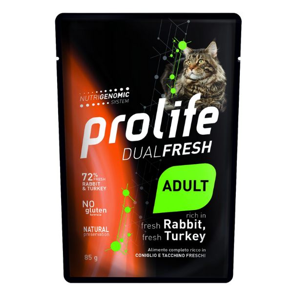 Image of Prolife Dual Fresh Gatto Adult Bustine 85 gr - Coniglio e Tacchino Confezione da 12 pezzi Cibo umido per gatti