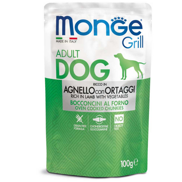 Image of Monge Grill Adult Grain Free bocconcini 100 gr - Agnello e Verdure Confezione da 24 pezzi Cibo Umido per Cani