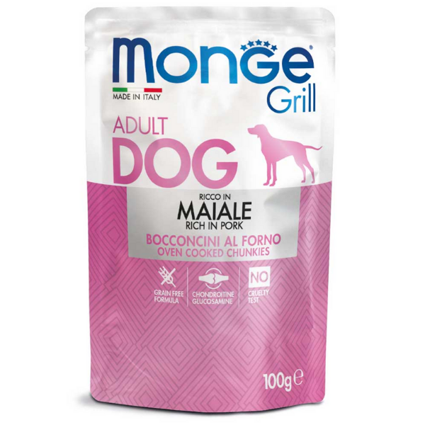 Image of Monge Grill Adult Grain Free bocconcini 100 gr - Maiale Confezione da 24 pezzi Cibo Umido per Cani