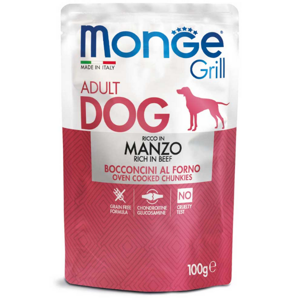 Image of Monge Grill Adult Grain Free bocconcini 100 gr - Manzo Confezione da 24 pezzi Cibo Umido per Cani