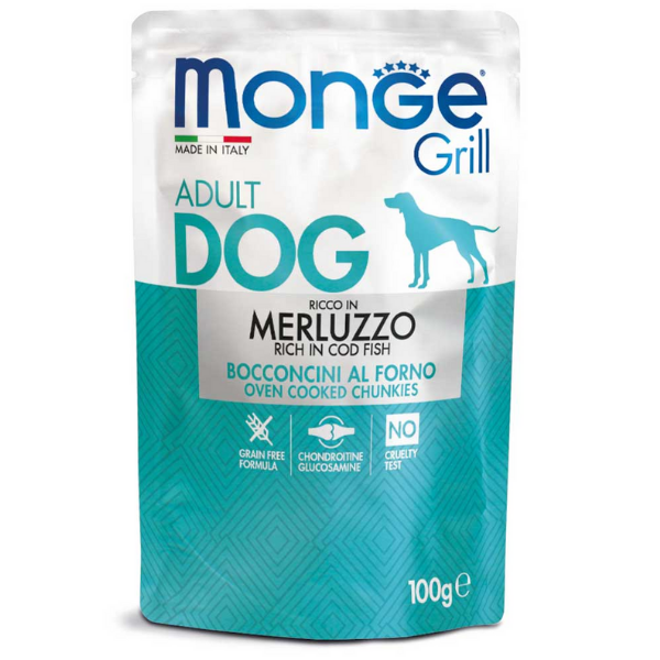 Image of Monge Grill Adult Grain Free bocconcini 100 gr - Merluzzo Confezione da 24 pezzi Cibo Umido per Cani