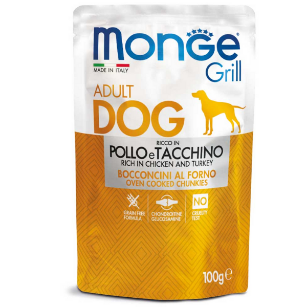 Image of Monge Grill Adult Grain Free bocconcini 100 gr - Pollo e Tacchino Confezione da 24 pezzi Cibo Umido per Cani