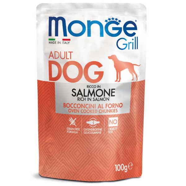 Image of Monge Grill Adult Grain Free bocconcini 100 gr - Salmone Confezione da 24 pezzi Cibo Umido per Cani