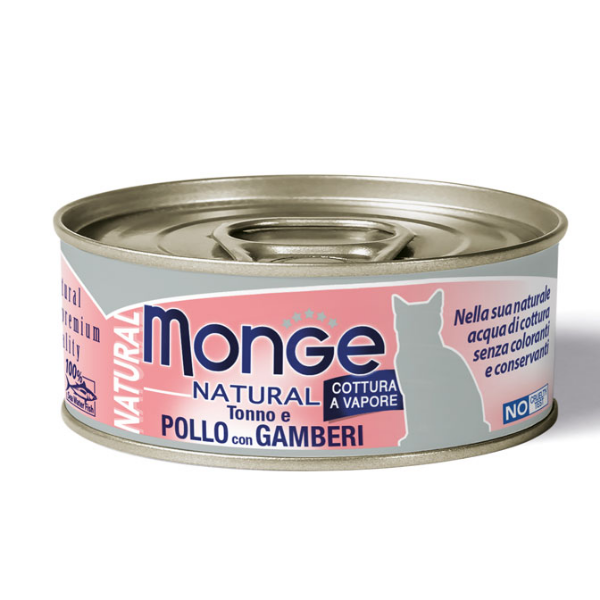 Image of Monge Natural Adult cottura al vapore 80 gr - Tonno, Pollo e Gamberetti Confezione da 6 pezzi Cibo umido per gatti