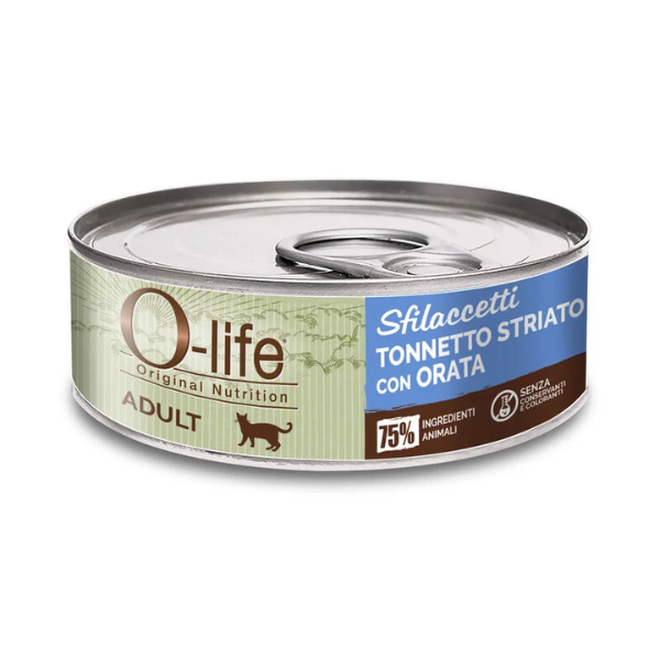 O-life Cat Adult Sfilaccetti 70 gr - Tonnetto striato e orata - Confezione da 6 pezzi - Cibo umido per gatti - 1° ORDINE? scegli lo sconto BZR5 / BZR20 + 200 punti fedeltà