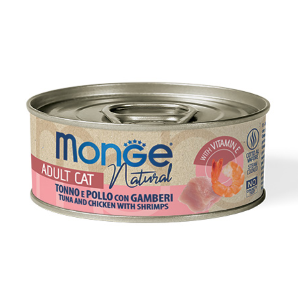 Image of Monge Natural Adult cottura al vapore 80 gr - Tonno, Pollo e Gamberetti - Confezione da 6 pezzi - Cibo umido per gatti - 1° ORDINE? scegli lo sconto BZR5 / BZR20 + 200 punti fedeltà010