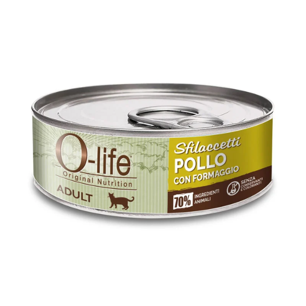 O-life Cat Adult Sfilaccetti 70 gr - Pollo e formaggio - Confezione da 6 pezzi - Cibo umido per gatti - 1° ORDINE? scegli lo sconto BZR5 / BZR20 + 200 punti fedeltà