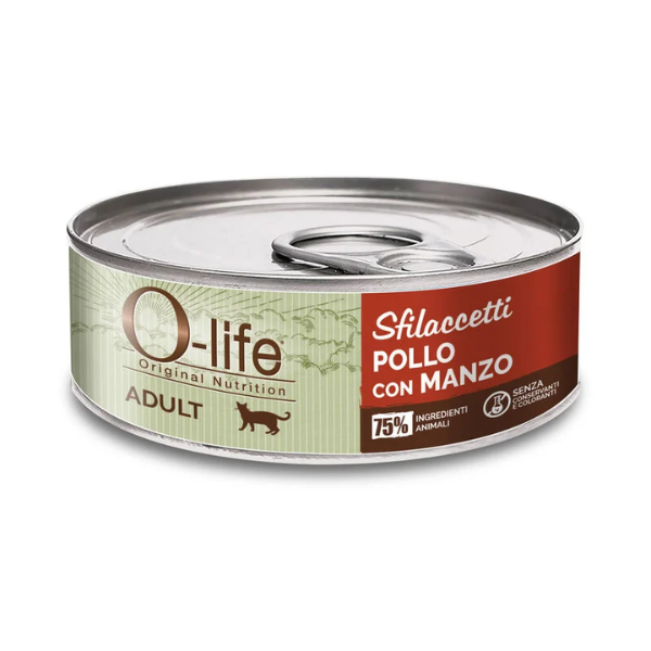 O-life Cat Adult Sfilaccetti 70 gr - Pollo e manzo - Confezione da 6 pezzi - Cibo umido per gatti - 1° ORDINE? scegli lo sconto BZR5 / BZR20 + 200 punti fedeltà