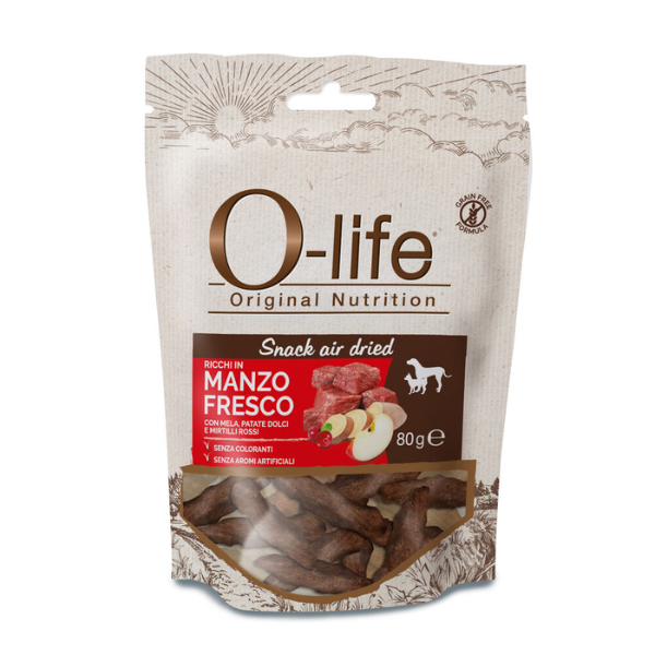 O-life Dog Adult Grain Free Air Dried Snack carne essiccata 80 gr - Manzo - 1° ORDINE? scegli lo sconto BZR5 / BZR20 + 200 punti fedeltà