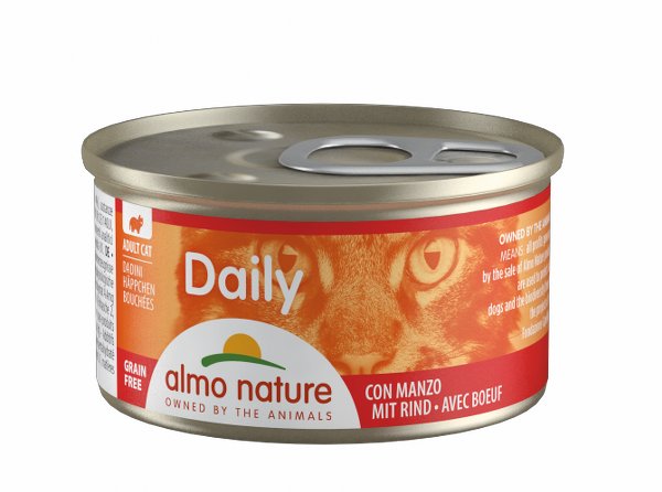 Image of Almo Nature Daily Grain Free Menù Cat 85 gr - Dadini con Manzo Confezione da 24 pezzi Cibo umido per gatti