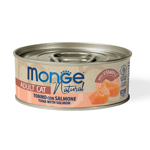 Image of Monge Natural Adult cottura al vapore 80 gr - Tonno a Pinne Gialle e Salmone - Confezione da 6 pezzi - Cibo umido per gatti - 1° ORDINE? scegli lo sconto BZR5 / BZR20 + 200 punti fedeltà010
